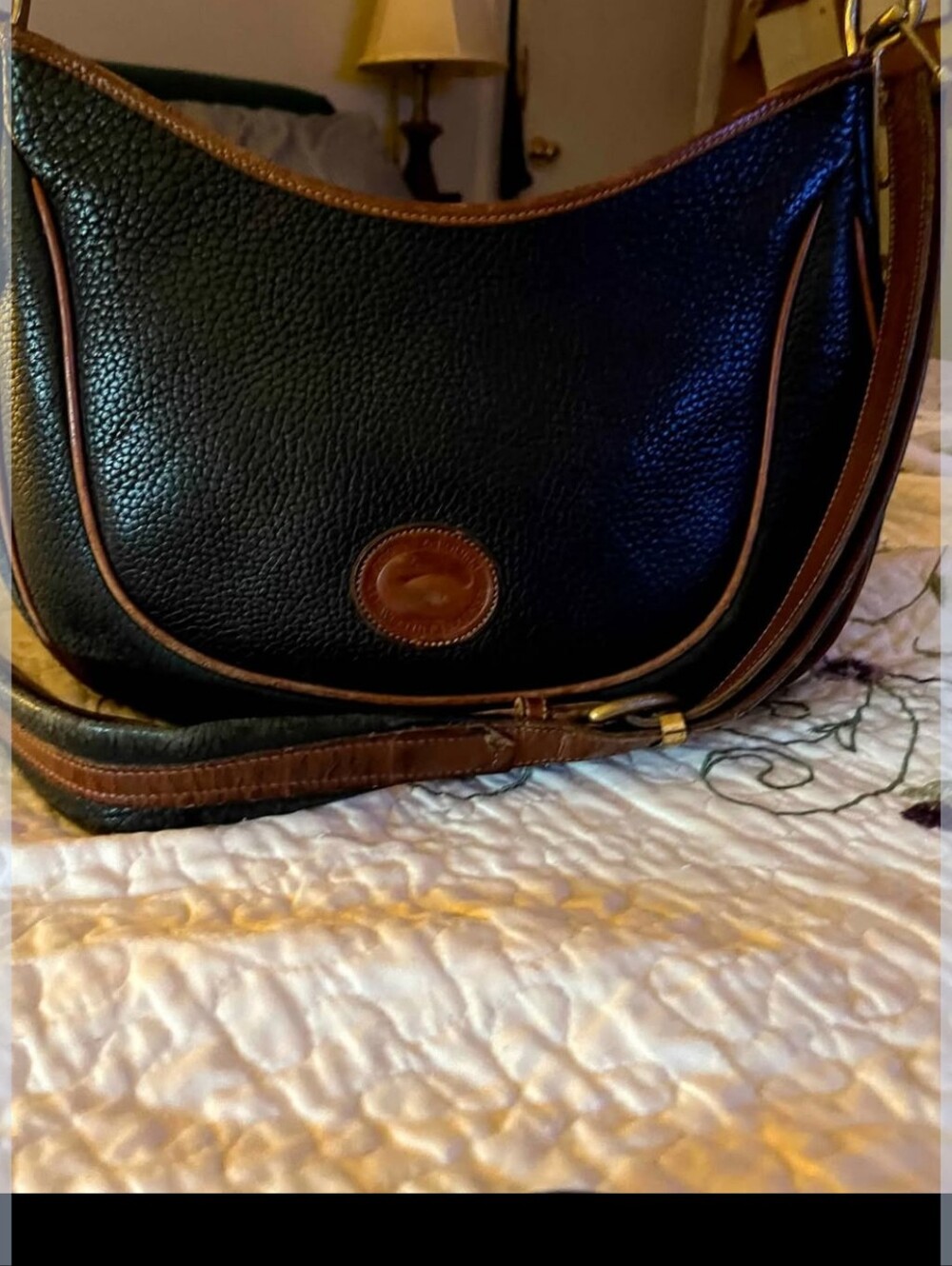 Dooney & Bourke Black Pebbled Leather Shoulder Bag with Brown Trim